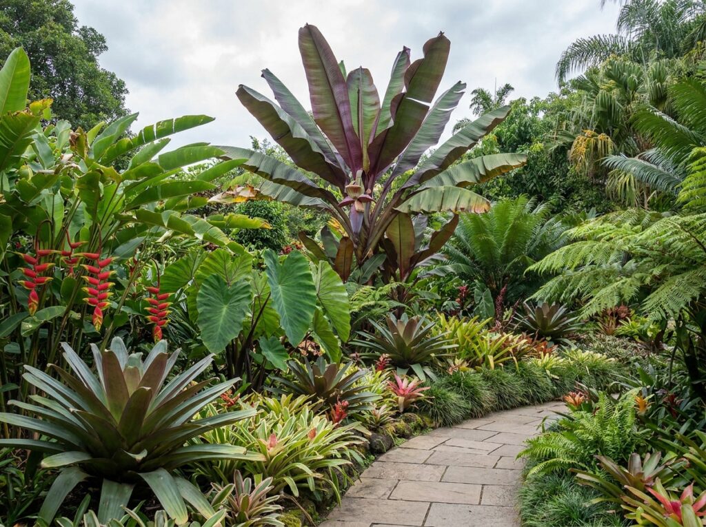 Bananeira ornamental posicionada ao fundo de jardim com composição tropical