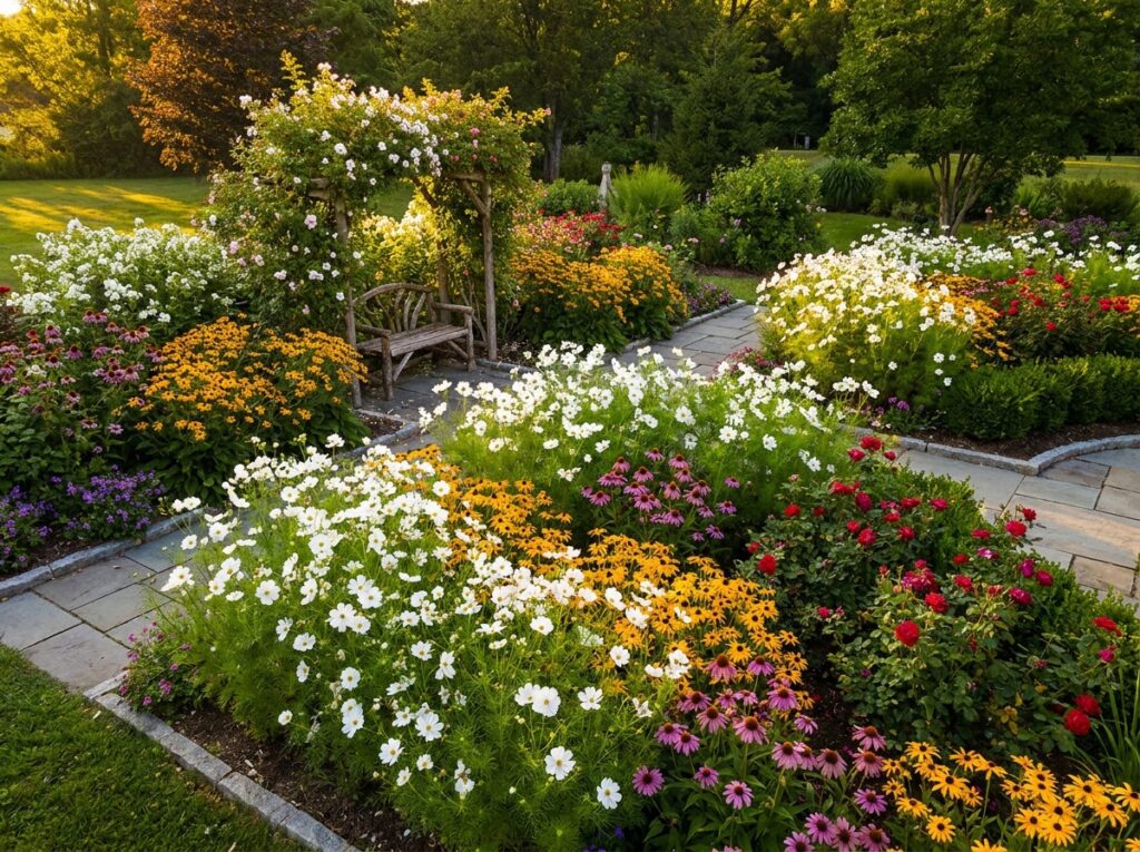 Jardim com tipos de flores organizados por cores equilibradas