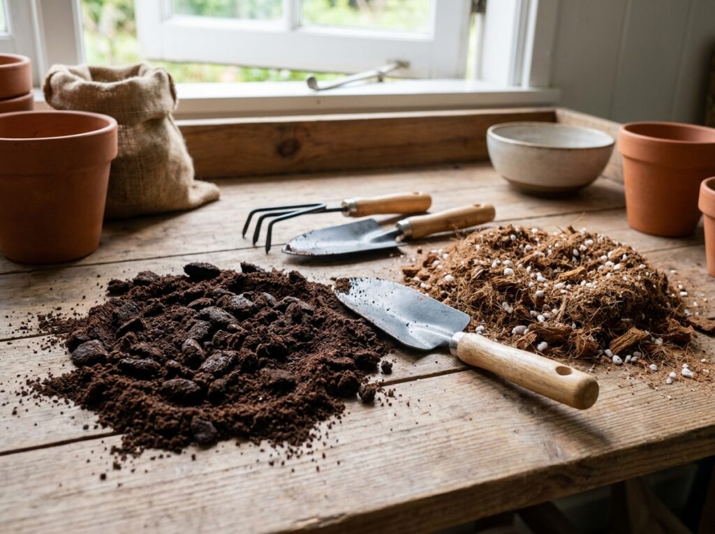 borra de café seca ao lado de substrato mostrando preparo correto para usar borra de café nas plantas