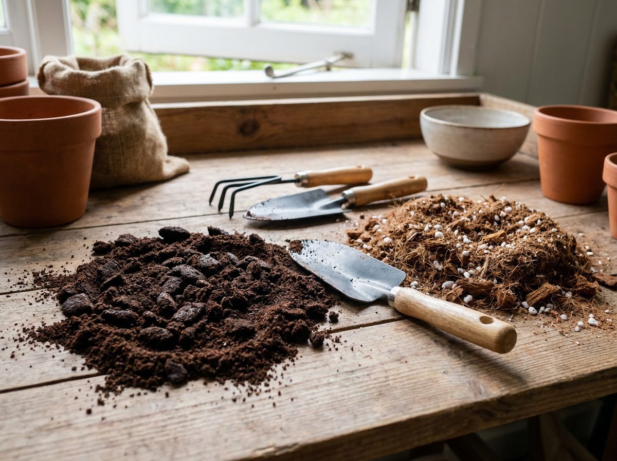borra de café seca ao lado de substrato mostrando preparo correto para usar borra de café nas plantas