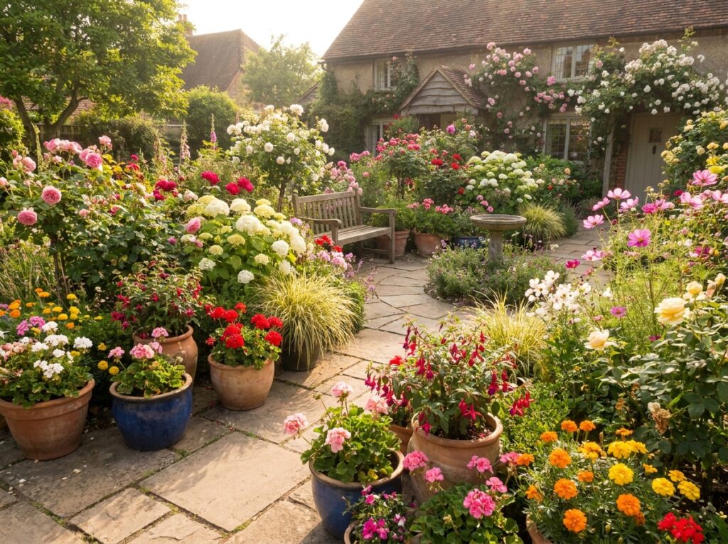 jardim com diferentes plantas floridas em vasos e canteiros mostrando plantas que florescem o ano todo