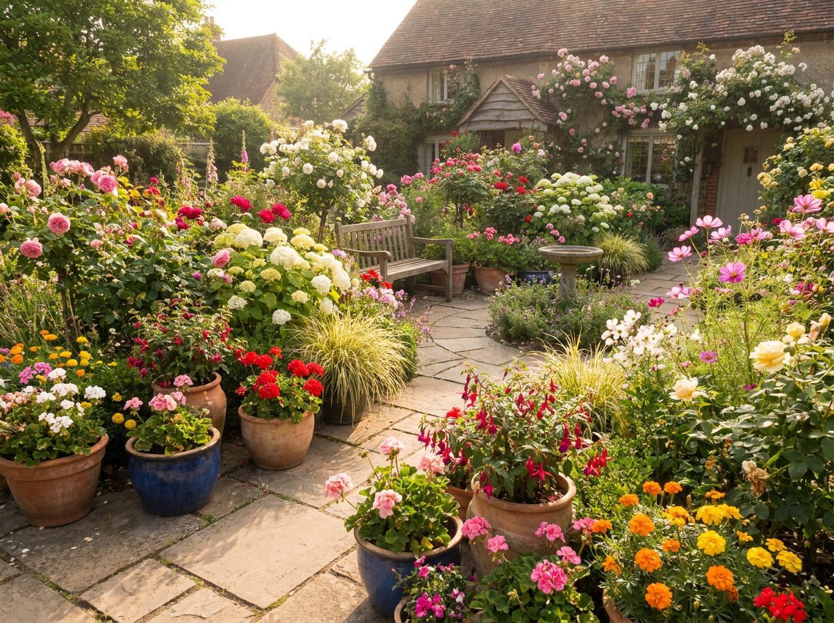 jardim com diferentes plantas floridas em vasos e canteiros mostrando plantas que florescem o ano todo