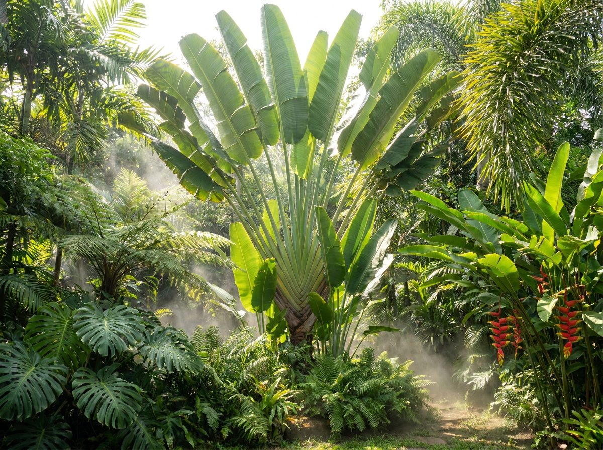 Bananeira ornamental grande em jardim tropical com outras plantas ao redor