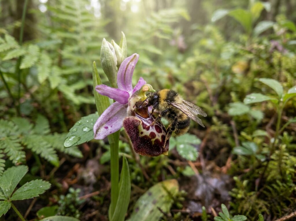 Orquídea do mato com inseto polinizador mostrando importância ecológica das espécies silvestres