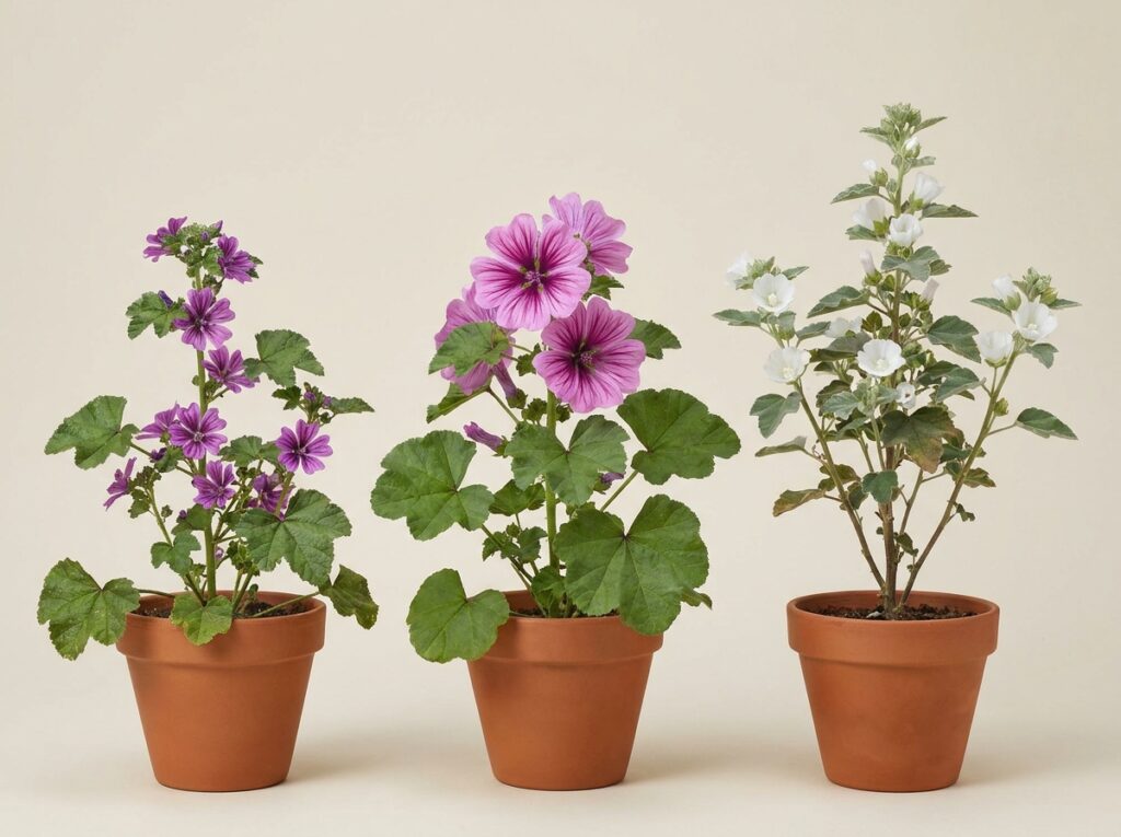 Comparação entre malva-silvestre, malva-do-reino e malva-branca mostrando diferenças visuais