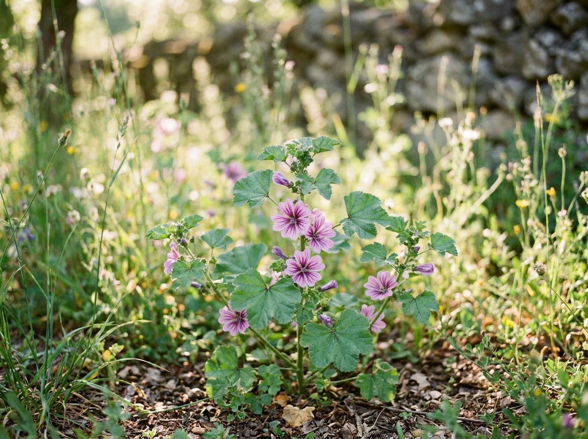 Planta malva com flores roxas em ambiente natural mostrando a Malva sylvestris