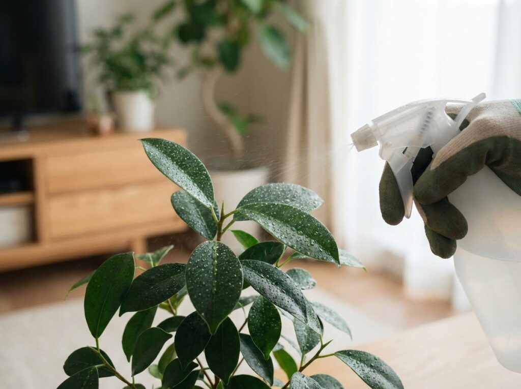 Aplicação de solução contra cochonilhas com borrifador