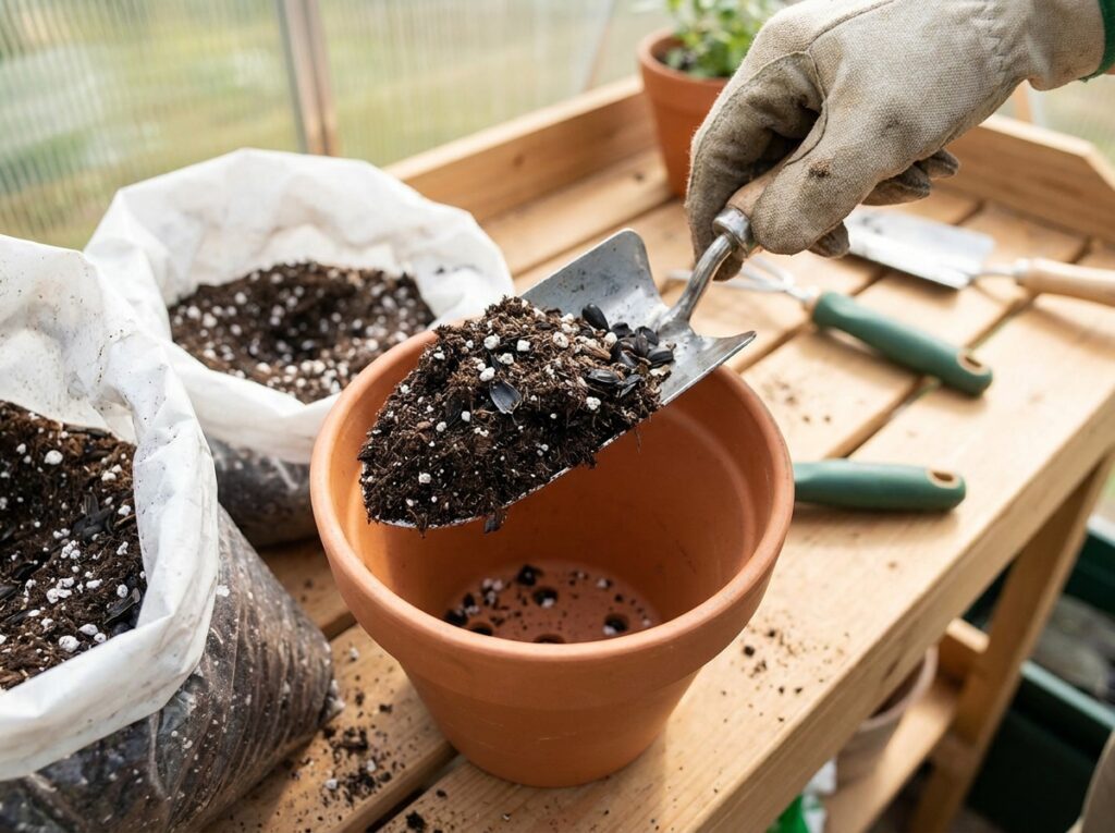 substrato bem drenado sendo colocado em vaso com furos para evitar fungos em plantas