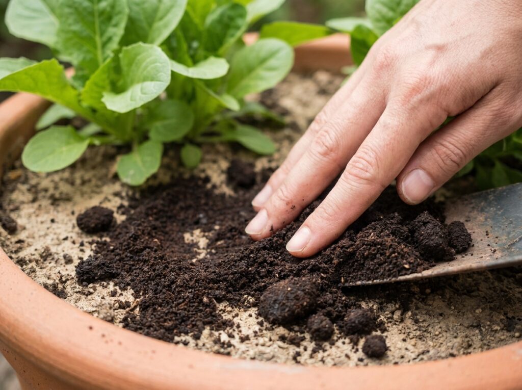 mistura leve de borra de café no solo do vaso mostrando como usar borra de café nas plantas corretamente