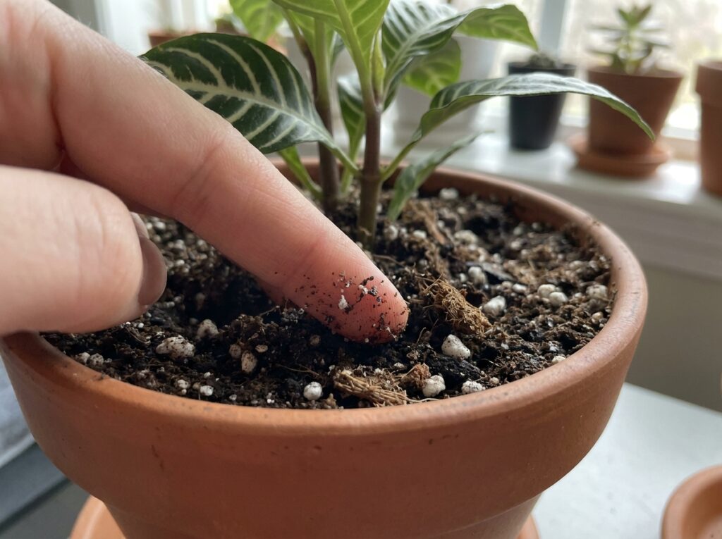 mão verificando umidade do solo de aphelandra com dedo em vaso