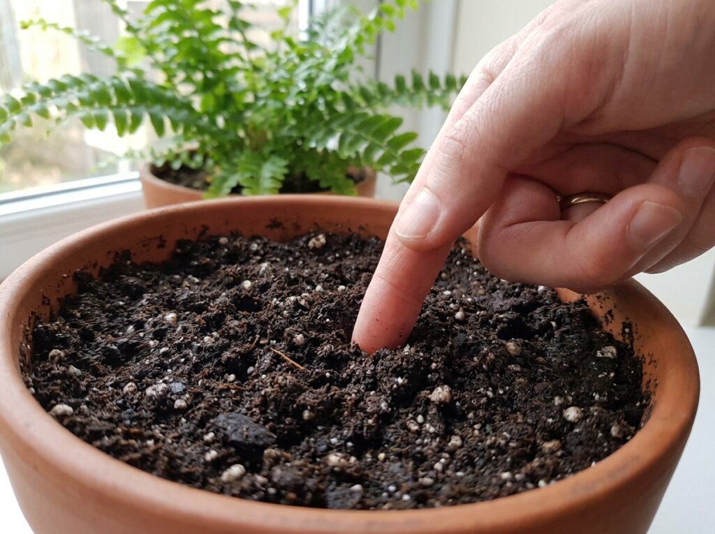 teste de umidade no substrato com o dedo para evitar fungos em plantas por excesso de rega