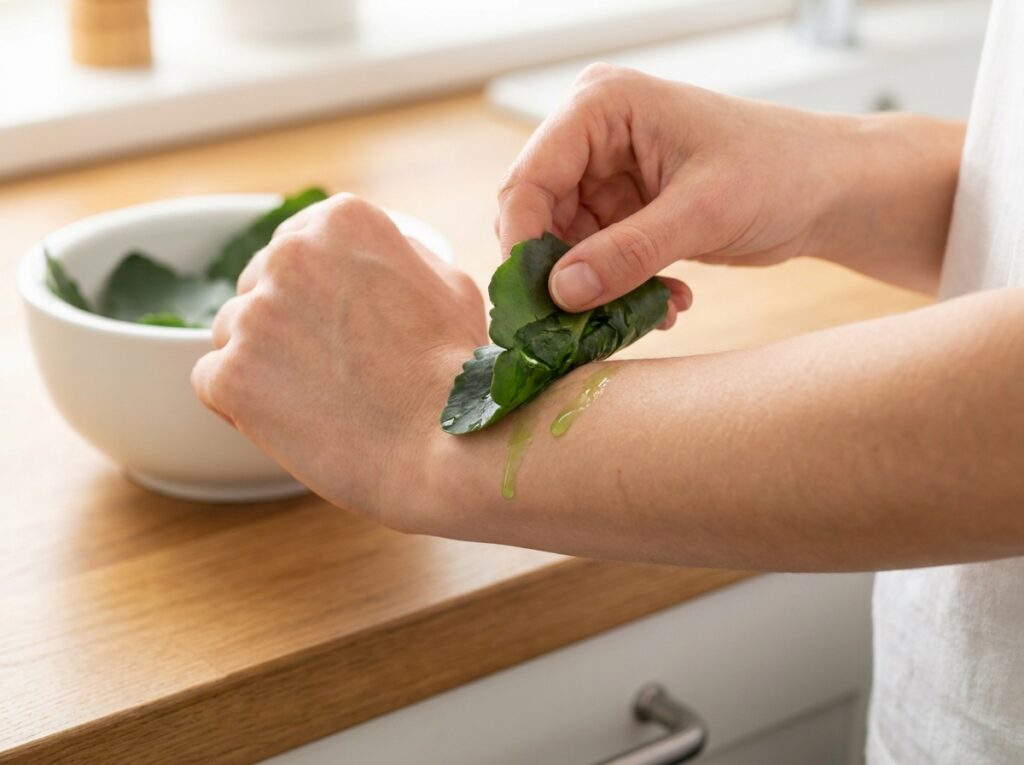 Aplicação de folha de bálsamo na pele mostrando uso tópico da planta kalanchoe