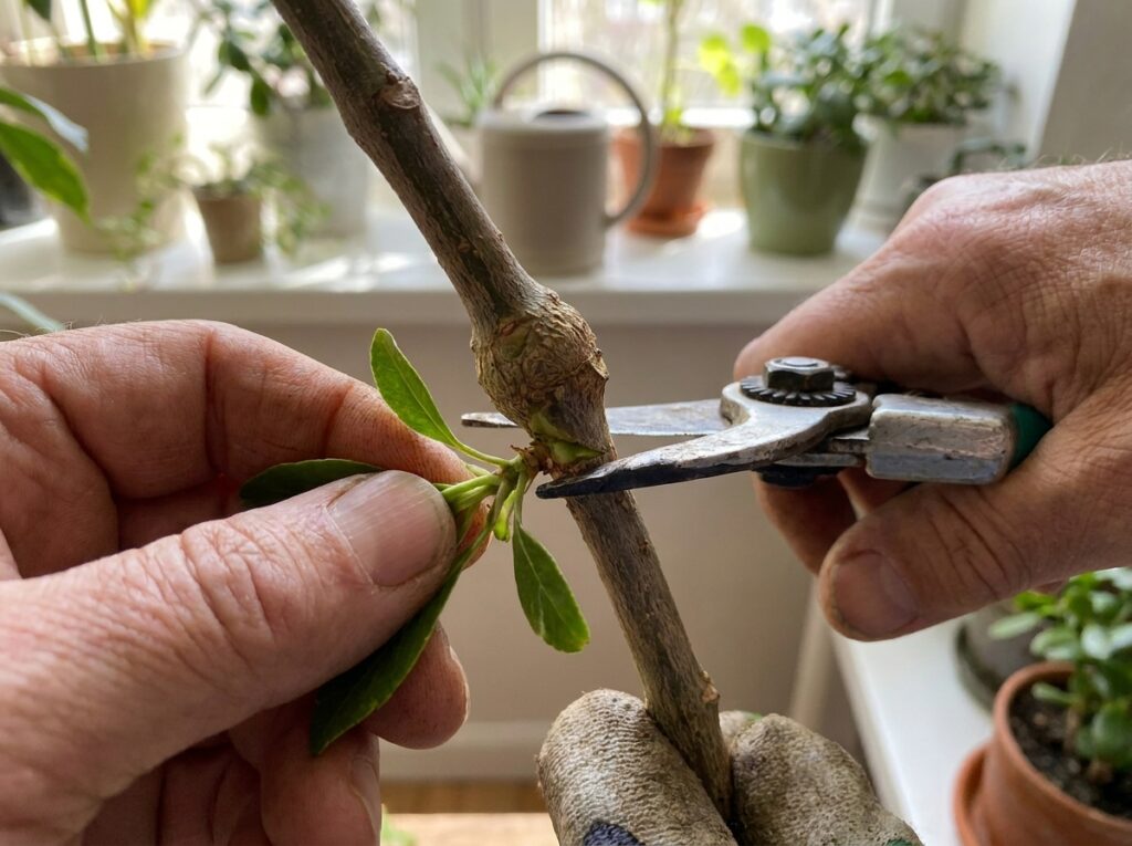 Corte de galho abaixo do nó para fazer muda de plantas por estaca mostrando técnica correta
