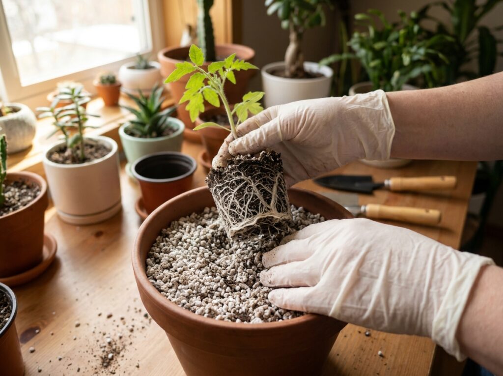 Transplante de muda enraizada para vaso pequeno mostrando etapa final de como fazer muda de plantas corretamente