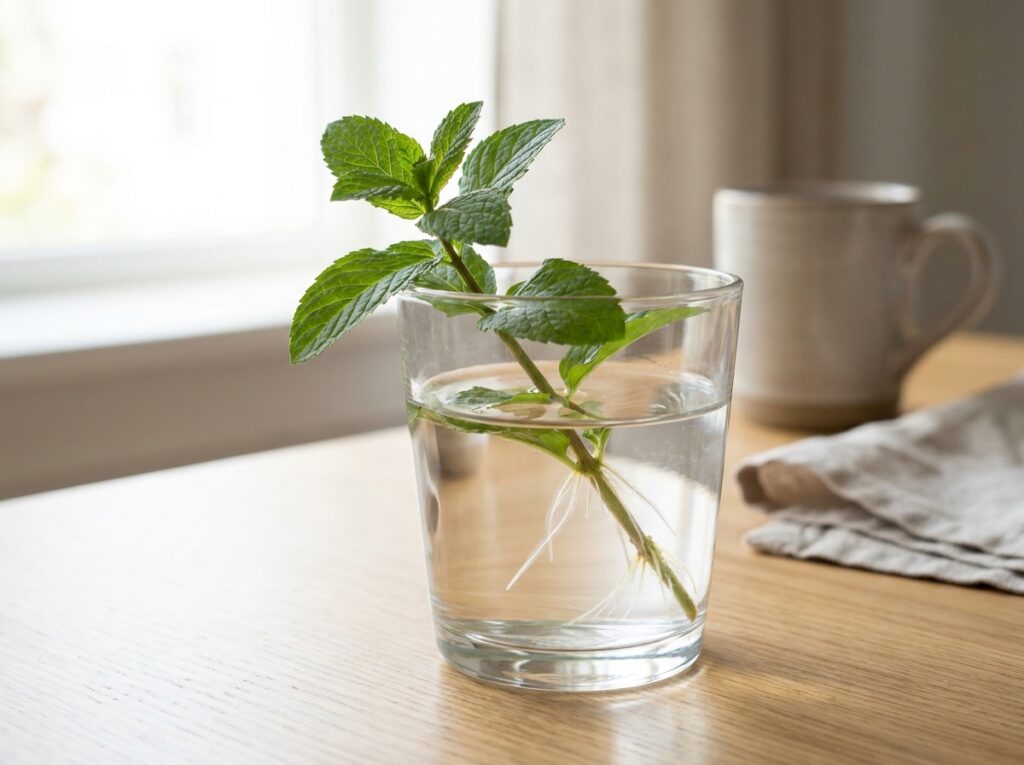 estaca de hortelã em copo com água formando raízes para plantio