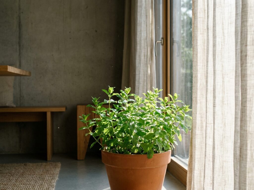 hortelã em vaso próxima à janela com luz natural indireta dentro de casa