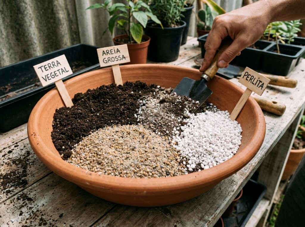 mistura de substrato com terra, areia e perlita ideal para cactos em casa