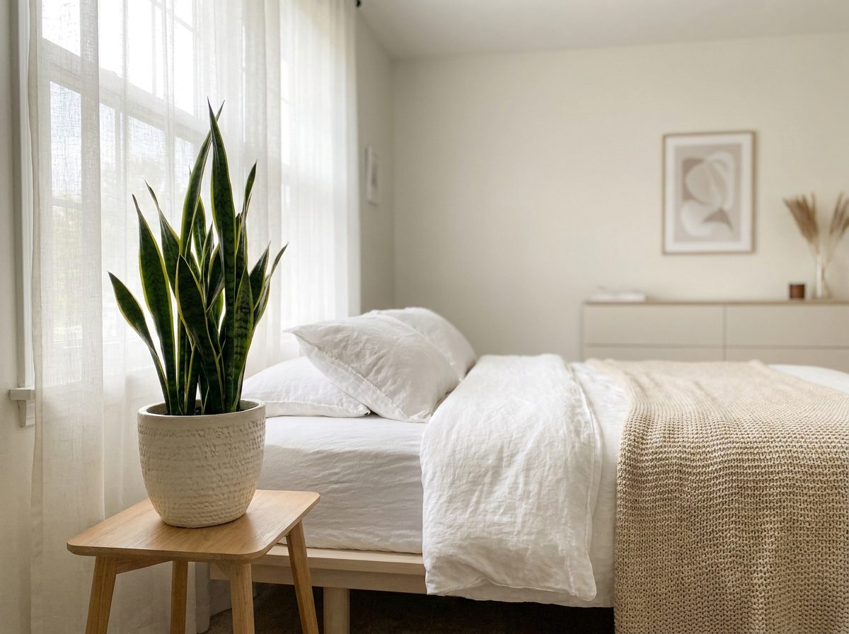 Planta espada de São Jorge no quarto moderno ao lado da cama com luz natural
