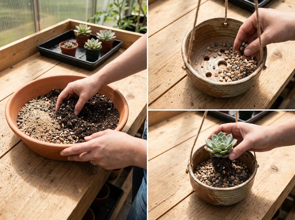 Preparação de vaso com substrato drenável para suculentas pendentes