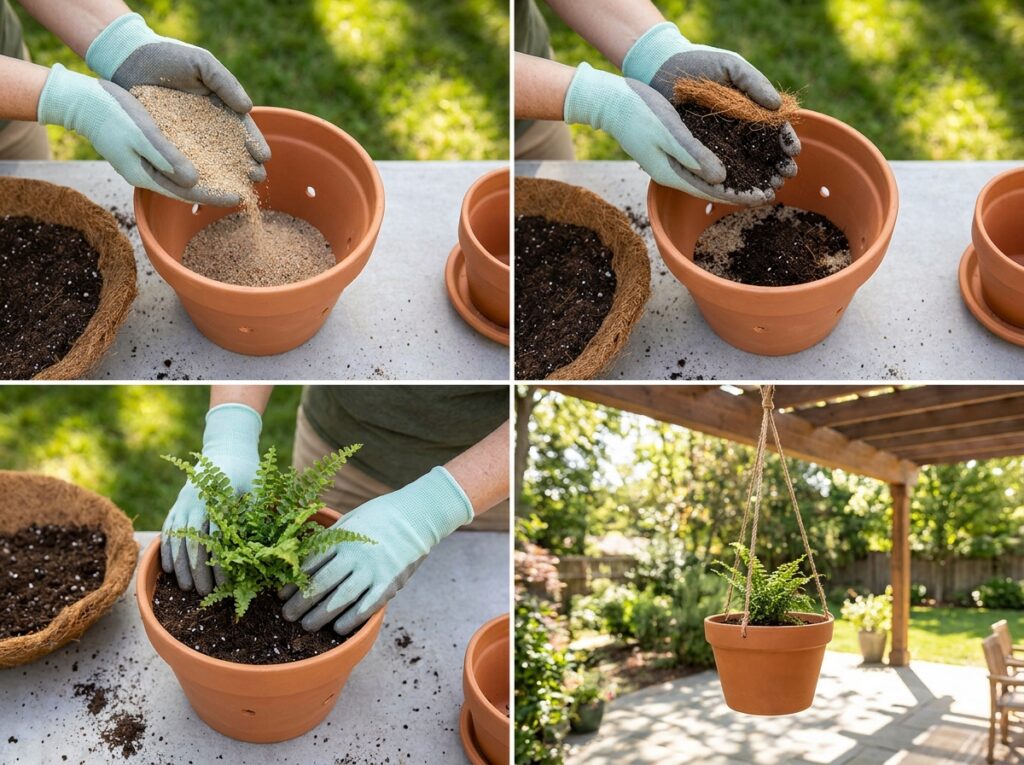 Preparação de vaso com substrato para plantas pendentes expostas ao sol