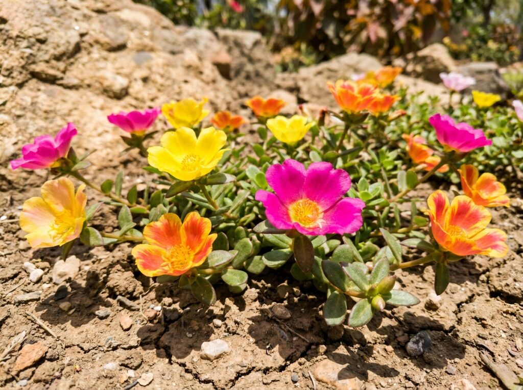 Flores de onze-horas abertas sob sol direto em planta pendente resistente
