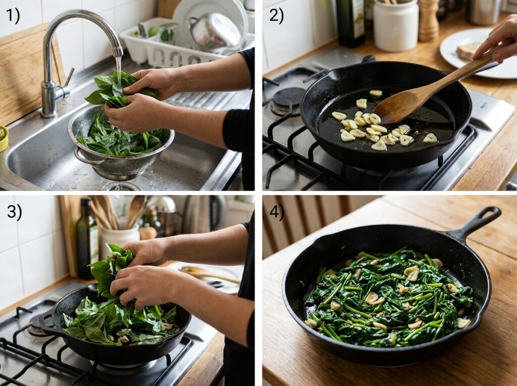 Etapas de preparo do ora-pro-nóbis refogado mostrando como cozinhar a planta