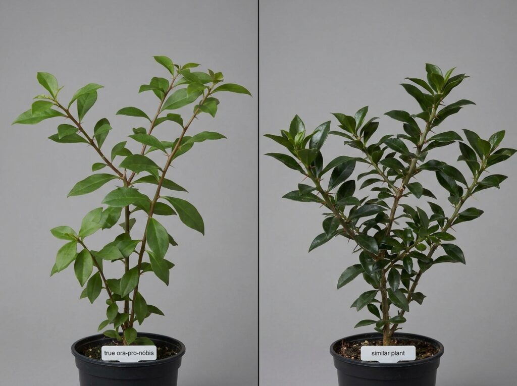 Comparação entre ora-pro-nóbis verdadeira e planta semelhante para evitar confusão sobre toxicidade