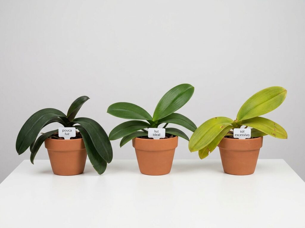 Folhas de orquídea com cores diferentes indicando pouca luz, luz ideal e excesso de sol