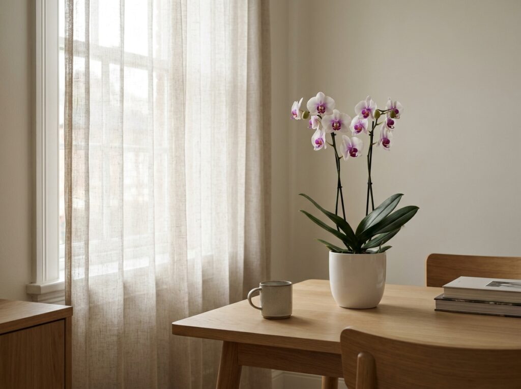 Orquídea próxima à janela com cortina recebendo luz indireta ideal para crescimento saudável