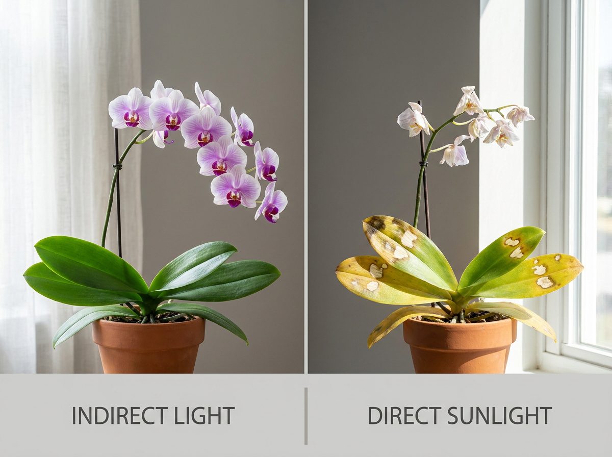 Comparação entre orquídea saudável em luz indireta e orquídea queimada pelo excesso de sol