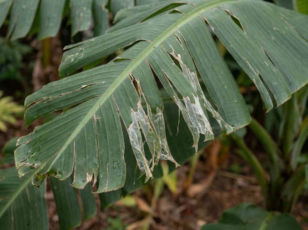 Folha de bananeira ornamental rasgada devido à exposição ao vento forte