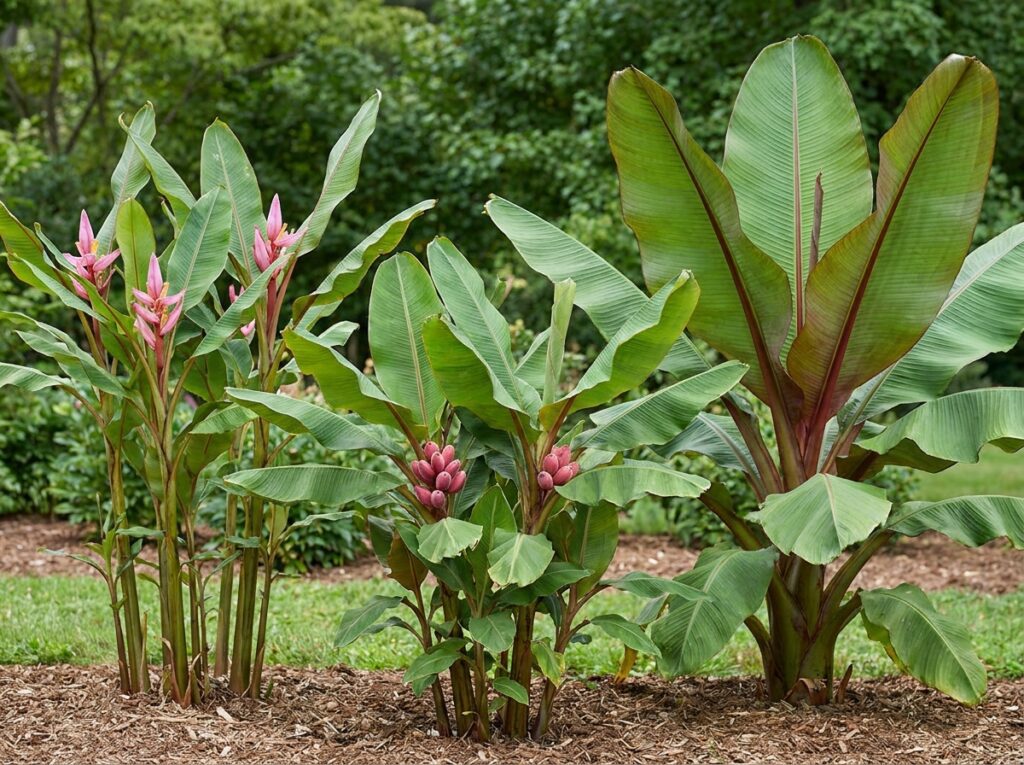 Diferentes tipos de bananeira ornamental com variação de folhas e frutos