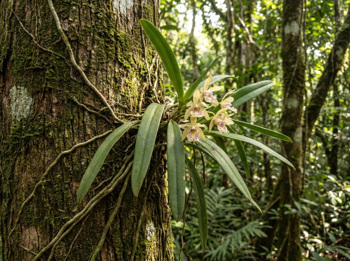 Orquídea silvestre presa ao tronco de árvore mostrando tipos de orquídeas do mato epífitas