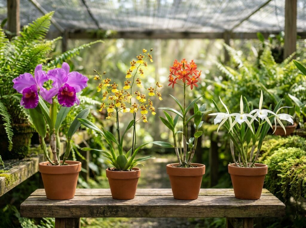 Diferentes tipos de orquídeas do mato brasileiras com variações de forma e cor