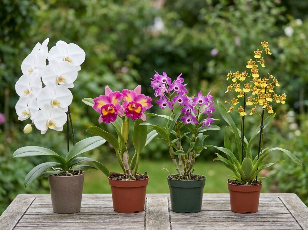 Diferentes tipos de orquídeas como Phalaenopsis e Cattleya mostrando variação na necessidade de luz
