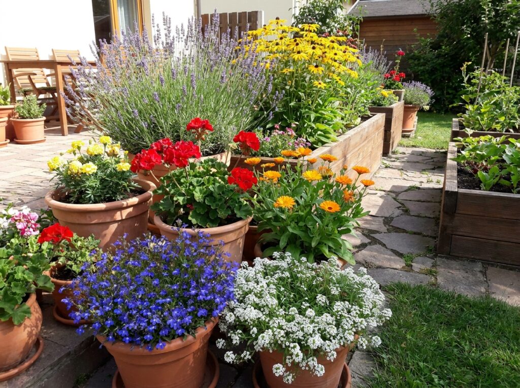 composição com diferentes espécies floridas em vasos e canteiro usando plantas que florescem o ano todo