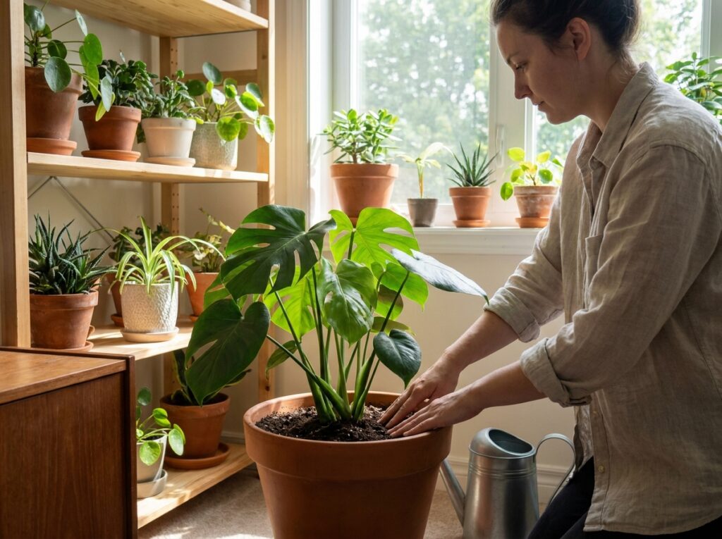 pessoa verificando solo de plantas em casa antes de regar para evitar excesso de água