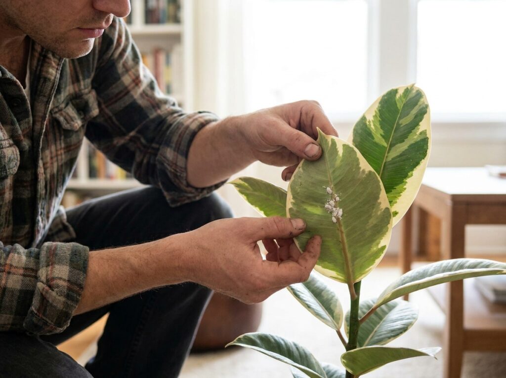 Inspeção de folhas para identificar cochonilhas em plantas