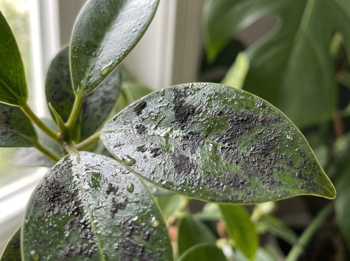 Folhas com melada pegajosa e fumagina causadas por cochonilhas em plantas