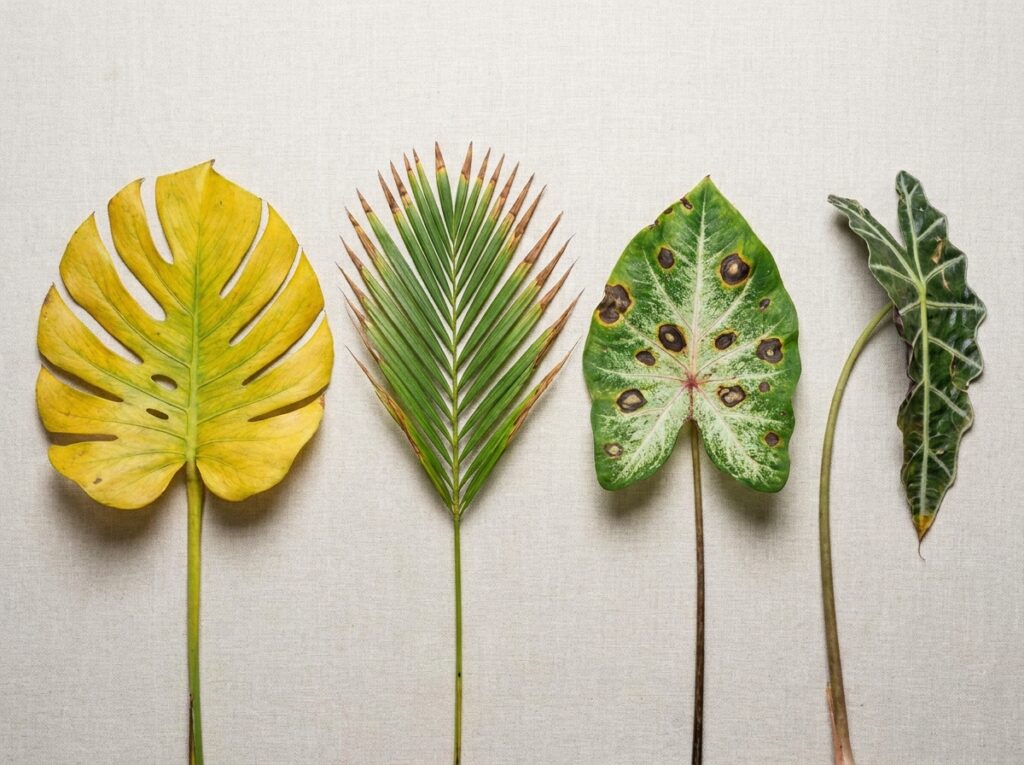 folhas de plantas tropicais com sinais de problemas mostrando erros ao cuidar de plantas tropicais