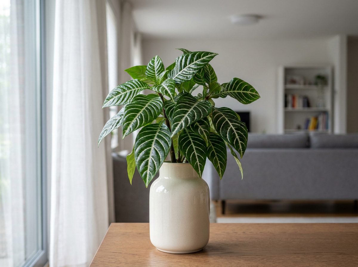 aphelandra saudável com folhas verdes escuras e veios brancos em ambiente interno iluminado