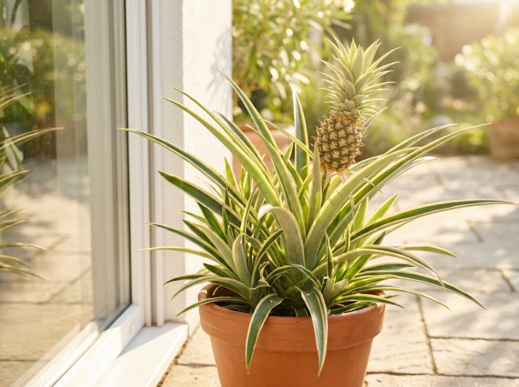 Abacaxi ornamental recebendo luz natural em ambiente bem iluminado