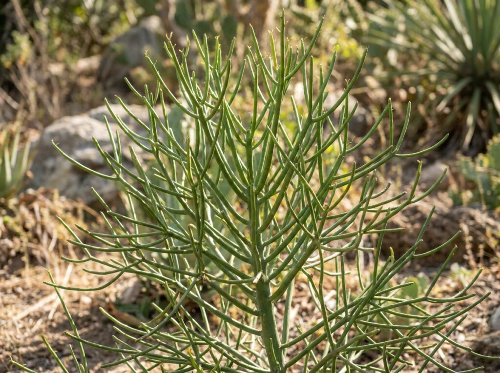 Planta aveloz com ramos finos verdes mostrando aparência típica da Euphorbia tirucalli