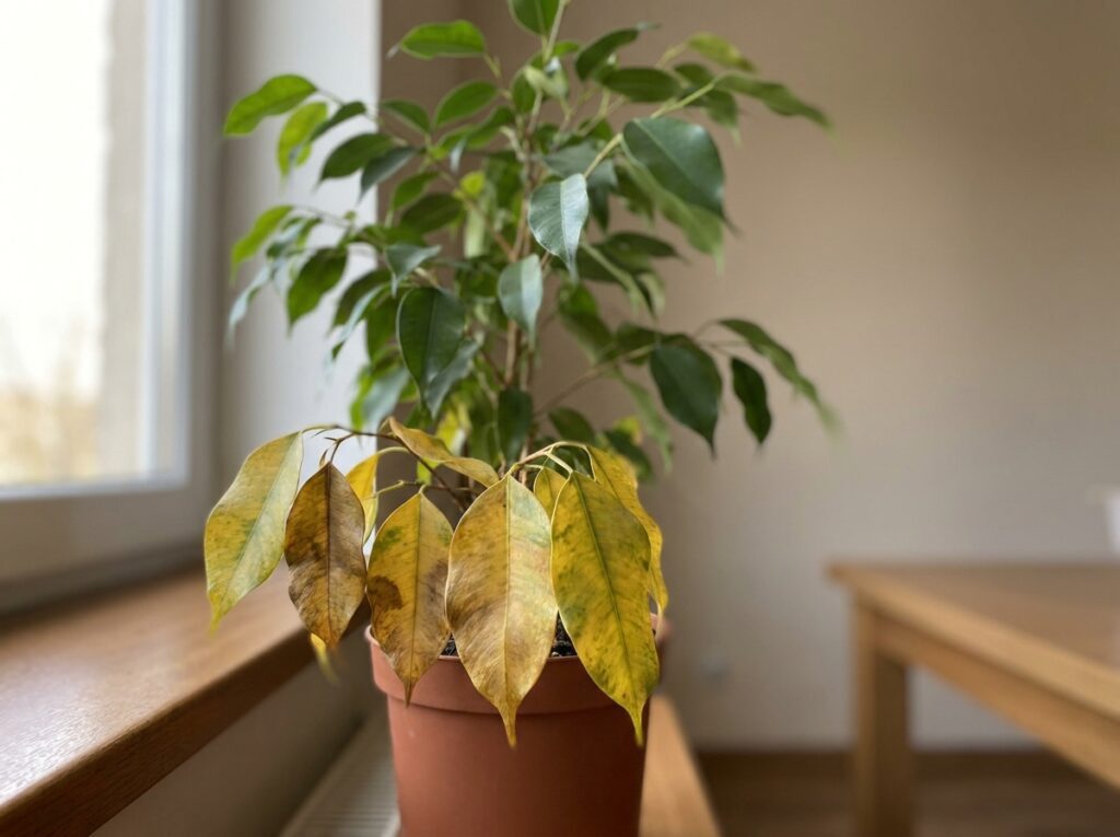 folhas inferiores amareladas em planta de vaso indicando excesso de água