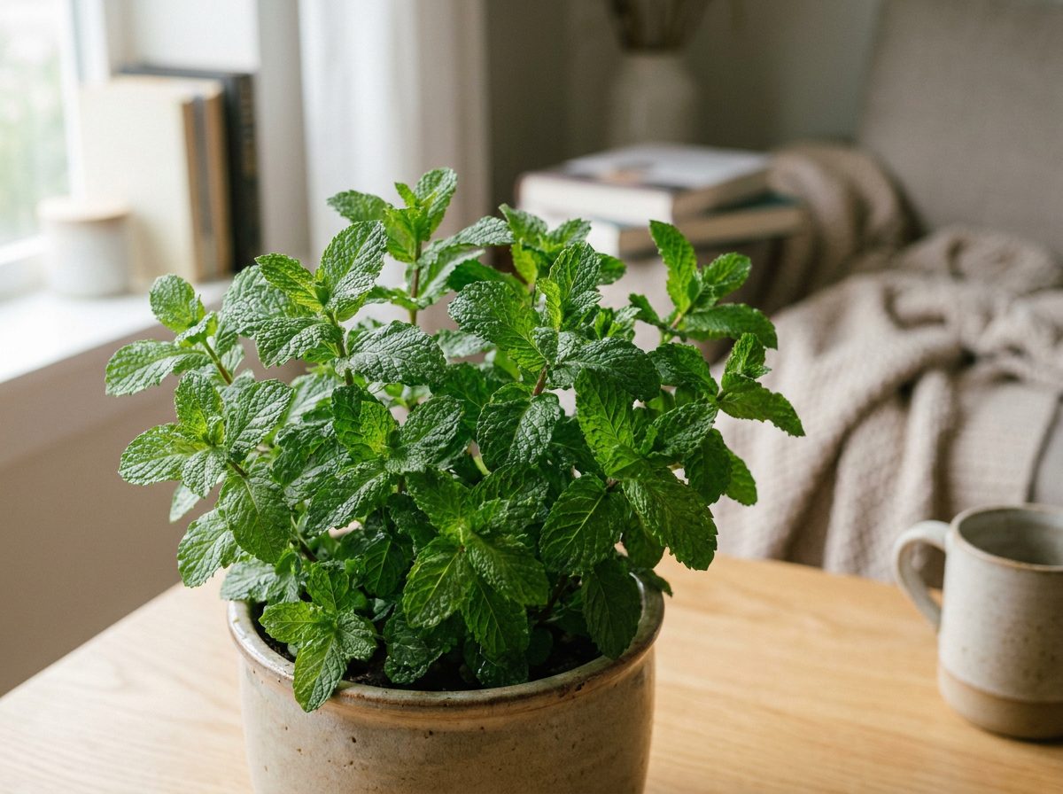 hortelã saudável em vaso com folhas verdes vibrantes cultivada em casa
