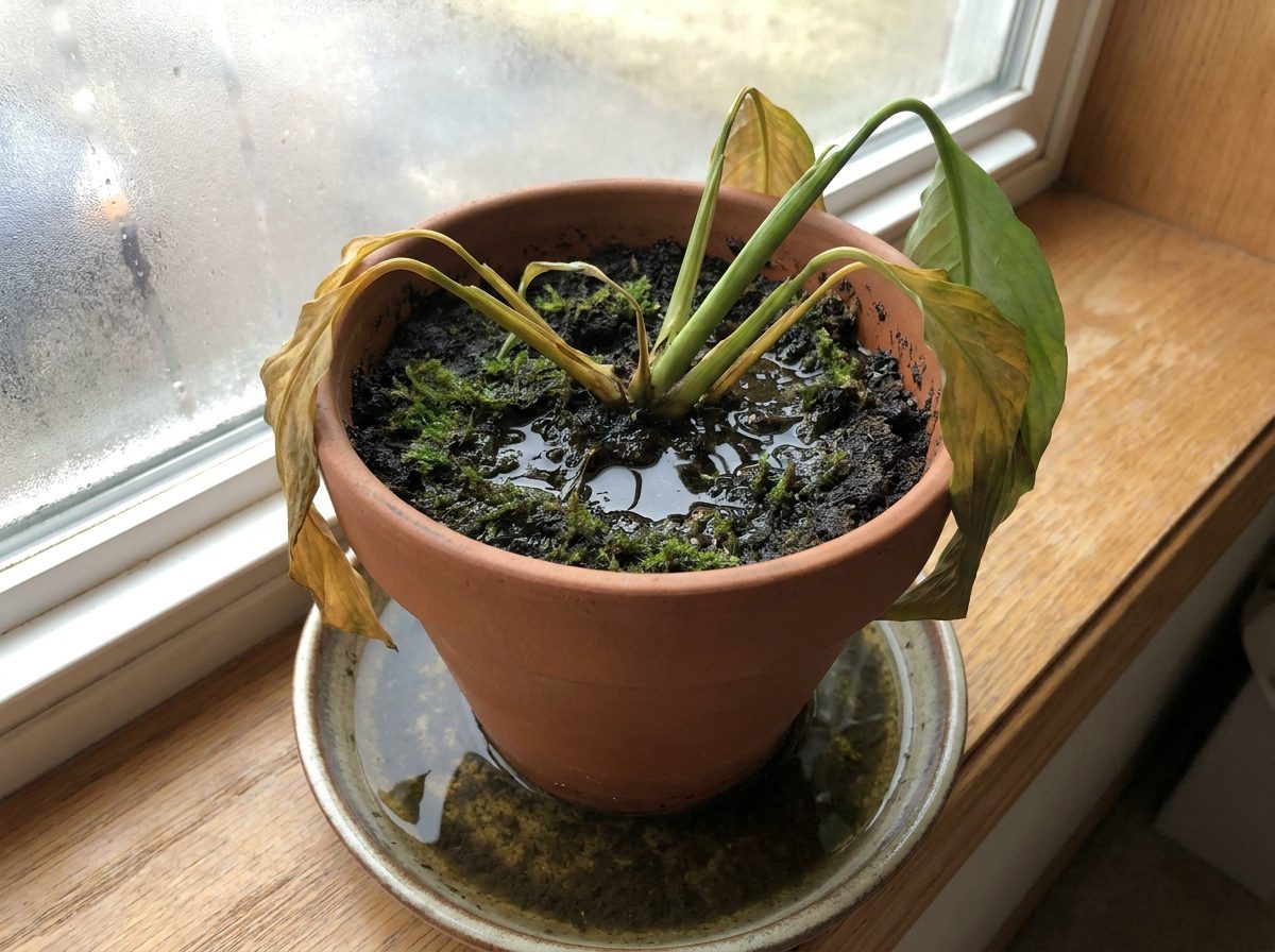 planta em vaso com solo encharcado e folhas amareladas por excesso de água