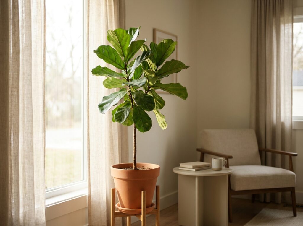 planta posicionada próxima à janela com luz indireta em ambiente interno