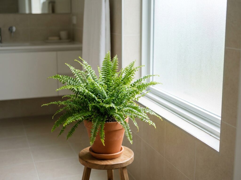 planta em vaso próxima à janela de banheiro com luz indireta
