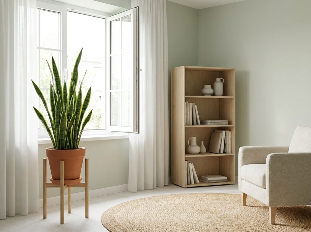 Espada de São Jorge posicionada perto da janela em quarto com luz natural indireta