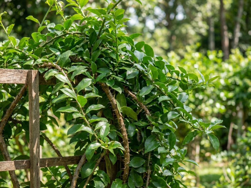 Planta ora-pro-nóbis com folhas verdes e crescimento trepador mostrando Pereskia aculeata